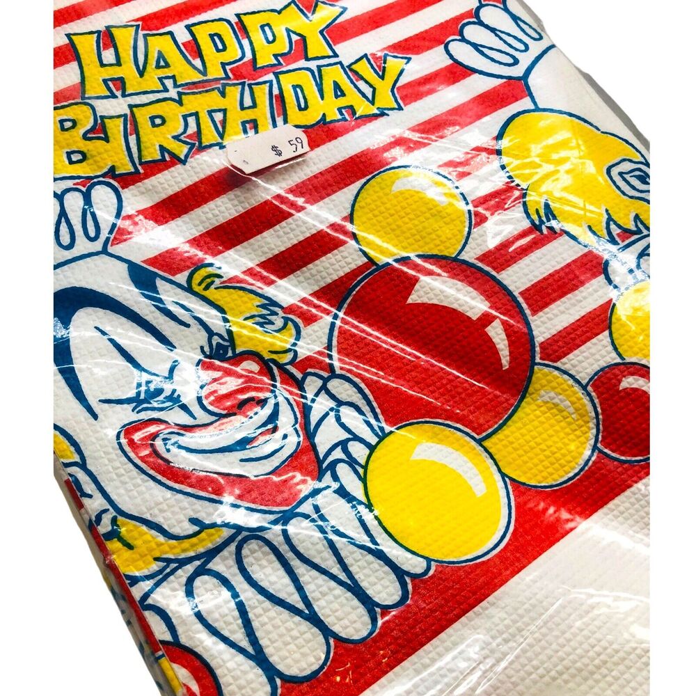 Vintage Cake Mate Paper Tablecloth Clown Birthday Red Yellow Balloons 48x88”
